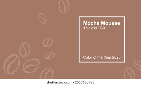 Mocha mousse color of year 2025 coffee background with frame. Mocha mousse trend bg with coffee bean. 2025 color palette card. Colour fashion template with label. Vector design sample. Print concept