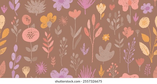 Mocha mousse color of year 2025 pattern. Flower background, seamless mocha mousse color vector texture. Brush crayon floral abstract pattern. Brown cute summer spring autumn bg. 2025 coffee palette