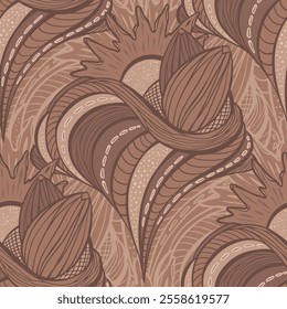 Mocha Mousse Color of the Year 2025 Abstract Wavy Line Art Vector Seamless Pattern for Wallpaper or Fabric Textile Design
