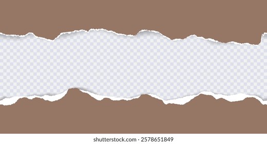 Mocha Mousse color of the year 2025. Seamless pattern of horizontal torn stripes paper with torn adges and soft shadow. Design template for text or message on transparent background. Vector
