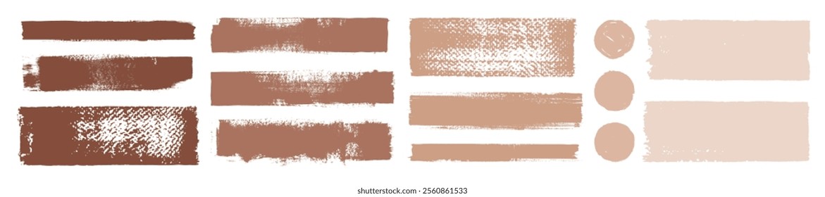 Mocha Mousse paint swatch set. Color scheme of the year 2025. Vector brush strokes. Cosmetic foundation textures. Makeup smudges. Grungy long brushstroke dabs and daubs. Liquid make up shade samples