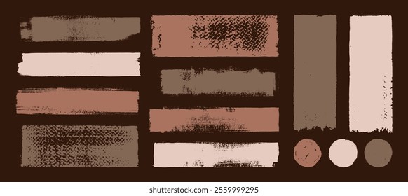 Mocha Mousse paint swatches. Color scheme of the year 2025. Vector brush strokes. Cosmetic foundation textures. Makeup smudges. Grungy long brushstroke dabs and daubs. Liquid make up shade samples