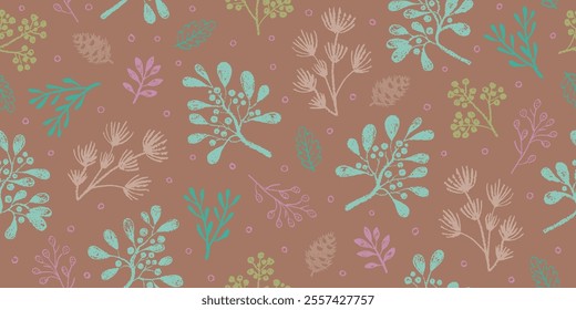 Mocha mousse pattern Christmas mistletoe bg. Mocha mousse seamless spring winter floral vector background. Plant flower in 2025 year color. Crayon pastel design with floral Christmas mistletoe element