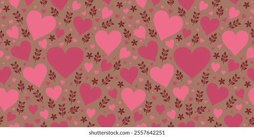 Mocha Mousse and pink heart pattern with floral accents, color of the year 2025