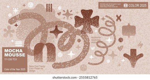 Mocha mousse poster, color of year 2025 frame with noise shape. Halftone background with light abstract mocha mousse texture. Vector poster cover backdrop in coffee palette. Geometric noise shape