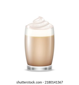 Mocha in transparent glass cup. Fresh hot coffee beverage in mug isolated on white background. Coffee with milk and whipped cream drink for morning, breakfast element. 3d vector illustration