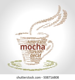 Mocha word cloud concept in shape of cup on gradient background. Vector illustration.