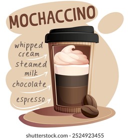 Café Mochaccino em xícara de papel com grãos de café. Café com creme e chocolate. Ilustração vetorial para faixa, site, cartaz, menu. Ilustração para café, casa de café, bar, conceito de comida, receita