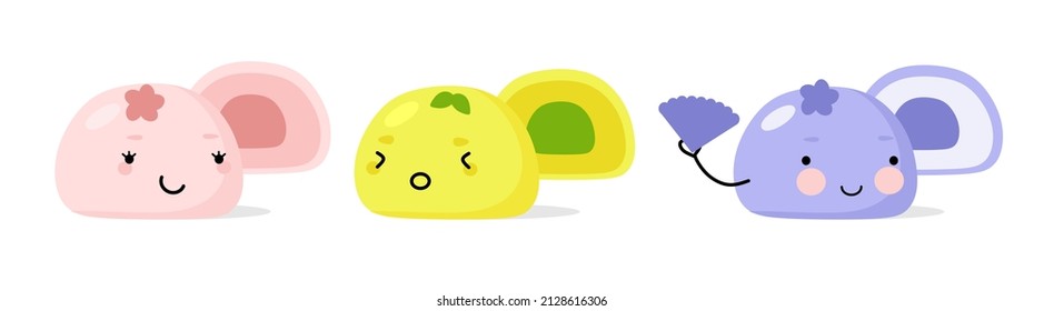 Mochi character design. Japanese cartoon desserts. vector illustration in a flat style.