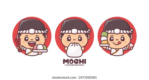Mochi chef cartoon mascot, with different poses and expressions, vector illustration for culinary industry, logo, stickers, icon.