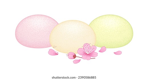 Mochi colored collection with sakura flower and petals on white background. Soft Ball of rice flour. Vector illustration with healthy sweet snack.