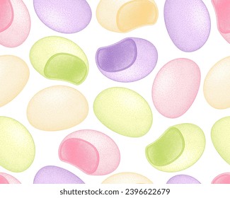 Mochi colored, seamless pattern. Japanese traditional sweet soft dessert. Bento mochi dish. Ball of rice flour with bean paste. Vector illustration with healthy sweet snack.