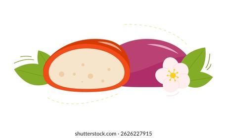 Mochi. Mochi colorido com recheios diferentes. Sobremesa doce tradicional japonesa. Mochi. Bola de farinha de arroz com pasta de feijão. Comida doce asiática. Ilustração vetorial