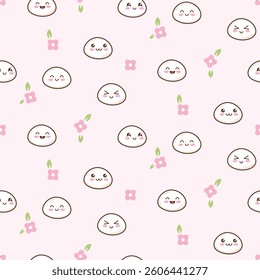 Mochi cute characters different facial expressions seamless pattern. Light pink Asian food pattern background