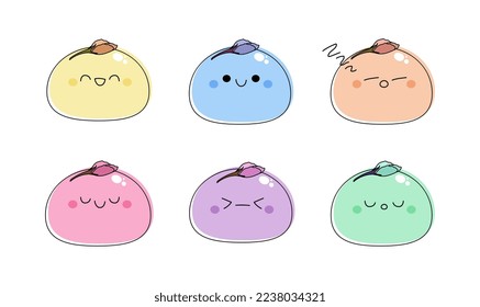 Los personajes lindos de Mochi establecen la ilustración vectorial aislada en el fondo blanco. Pasteles de arroz con diferentes emociones decoradas con brotes de sakura. Estilo Doodle kawaii