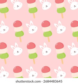 Mochi dango padrão sem costura com decoração de coelho. Bela sobremesa japonesa. Pode ser usado para papel de parede, papel de embrulho, tecido de moda 