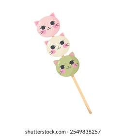 Mochi dango sweet dessert. Traditional Japanese sweet wagashi food. Cute kawaii cat dango. Vector illustration