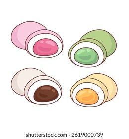 Mochi desserts with different flavors and fillings, set of cute cartoon style illustrations, drawings