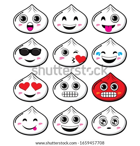 Mochi Emoticon vector icon set. Emojis and funny smiling face with happy, sad, inlove and naughty facial expressions isolated in white for design elements. With Flat Design Style Vector illustration.