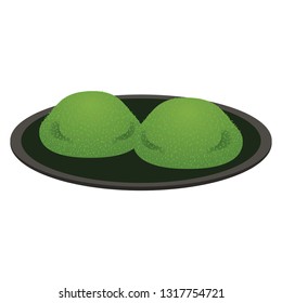 Mochi filled with red bean paste and topped with green soy flour
