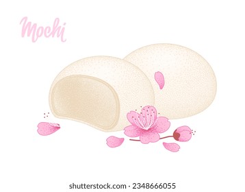 Mochi ice cream white background and sakura flower   petals  Japanese traditional sweet soft dessert  Ball rice flour and bean paste  Vector illustration  healthy sweet snack 