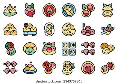 Los iconos de Mochi establecen el vector de contorno. La comida japonesa. Menú de eventos color de línea delgada plano sobre blanco 