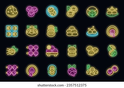 Mochi icons set outline vector. Japan food. Event menu neon color on black