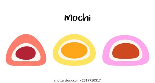 Mochi. Japanese rice dessert. Traditional Japanese dessert. Ball of rice flour with bean paste. Banner, poster, restaurant menu, national mochi day.