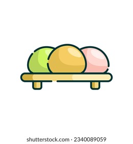 Mochi. Japanese rice dessert. Traditional Japanese dessert. Flat Vector illustration with Healthy sweet snack. Ball of rice flour with bean paste. Banner, poster, restaurant menu, national mochi day.