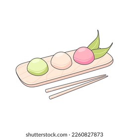 Mochi Japanese traditional sweet. Set of mochi. Japanese asian sweets. Cooking, menu, banner, sweet food, dessert concept. Draw in doodle style, vector illustration.