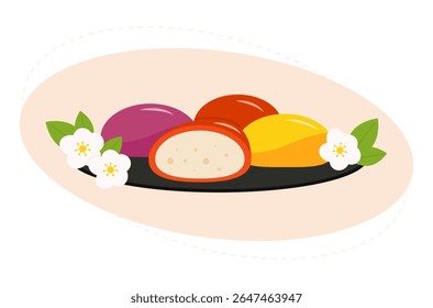 Mochi. Japanese traditional sweet soft dessert. Rice flour ball with bean paste. Asian sweet food. Vector illustration