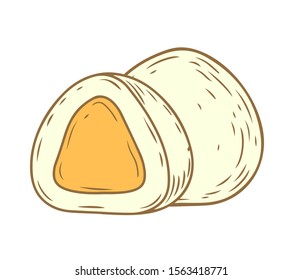 Mochi. Moti. Japanese traditional weet soft dessert. Ball of rice flour with bean paste . Bento mochi dish. Engraving Vintage retro hand drawn style.