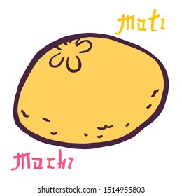 Mochi. Moti. Sweet soft dessert. Ball of rice flour stuffed with bean paste . Traditional Asian Japanese bento dish. Vintage retro style. Isolated clipart set.