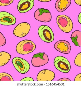 Mochi. Moti. Sweet soft dessert. Ball of rice flour stuffed with bean paste. Traditional Asian Japanese bento dish. Vintage retro style.  Seamless background with pattern.
