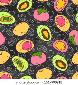 Mochi. Moti. Sweet soft dessert. Ball of rice flour stuffed with bean paste. Traditional Asian Japanese bento dish. Vintage retro style.  Seamless background with pattern.