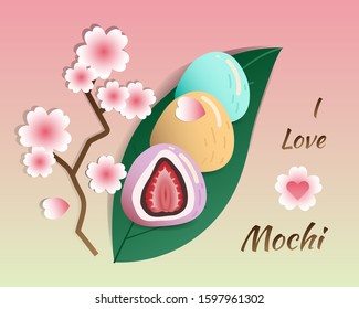 Mochi on the leaves and sakura decorated flat vector illustration,I love Mochi,dessert vector design