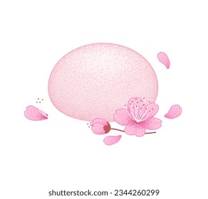 Mochi pink white background and sakura flower   petals  Japanese traditional sweet soft dessert  Ball rice flour and bean paste  Bento mochi dish  Vector illustration  healthy sweet snack 