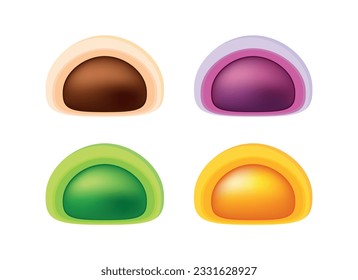 Mochi rice cake collection vector illustration. Sweet japanese rice cake colorful icon set vector isolated on a white background. Brown, purple, green and yellow mochi cake drawing