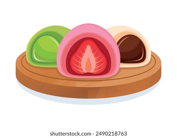 Mochi rice cake on a wooden board vector illustration. Sweet japanese mochi rice cakes icon vector isolated on a white background. Strawberry fruit mochi cake drawing