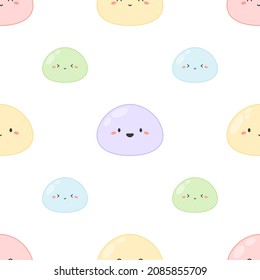 Mochi seamless pattern. Cute character with kawaii face. Funny cartoon food in pastel colors, asian dessert, traditional cake. Vector illustration, minimal background.