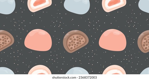 Mochi seamless pattern. Japanese Mochi with different fillings. Asian sweet food. Vector for clothes, background, print, package. Japanese Mochi in rice dough. Vector flat illustration