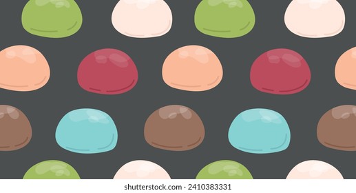 Patrón sin fisuras de Mochi. Mochi japonés con diferentes rellenos sobre fondo negro. Comida dulce asiática. Vector para ropa, fondo, impresión, paquete. Mochi japonés en masa de arroz.