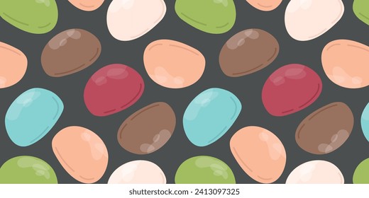 Patrón sin fisuras de Mochi. Mochi japonés con diferentes rellenos sobre fondo negro. Comida dulce asiática. Vector para ropa, fondo, impresión, paquete. Mochi japonés en masa de arroz.