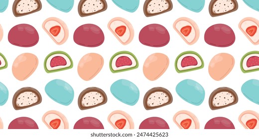 Mochi seamless pattern. Japanese Mochi with different fillings on white background. Asian sweet food. Vector for clothes, background, print, package. Japanese Mochi in rice dough.