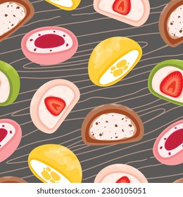 Mochi seamless pattern. Japanese Mochi in rice dough. Rice fruit dessert on wood plate. Colored mochi with different fillings. Vector flat illustration