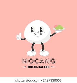 The mochi treasure character is holding a plate containing pink and green mochi