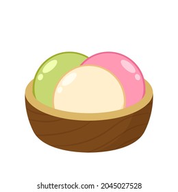 Mochi in wood bowl. Mochi vector. Mochi on white background.