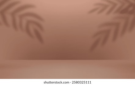 Mock up 3D stage with shadow overlay from branches, leaves, plants. Mocha mousse empty studio room for product display