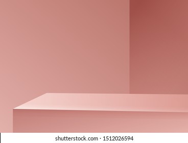 Faça uma simulação da cena realista abstrata com o pódio para a marca. Pedestal e fundo rosa. Ilustração realista em vetor 3D para apresentação de design de produto.