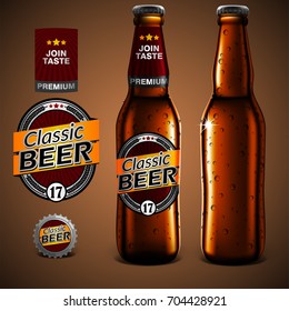 Mock Up beer label design, bottle and glass of beer with droplets of moisture. Highly realistic illustration with the effect of transparency.